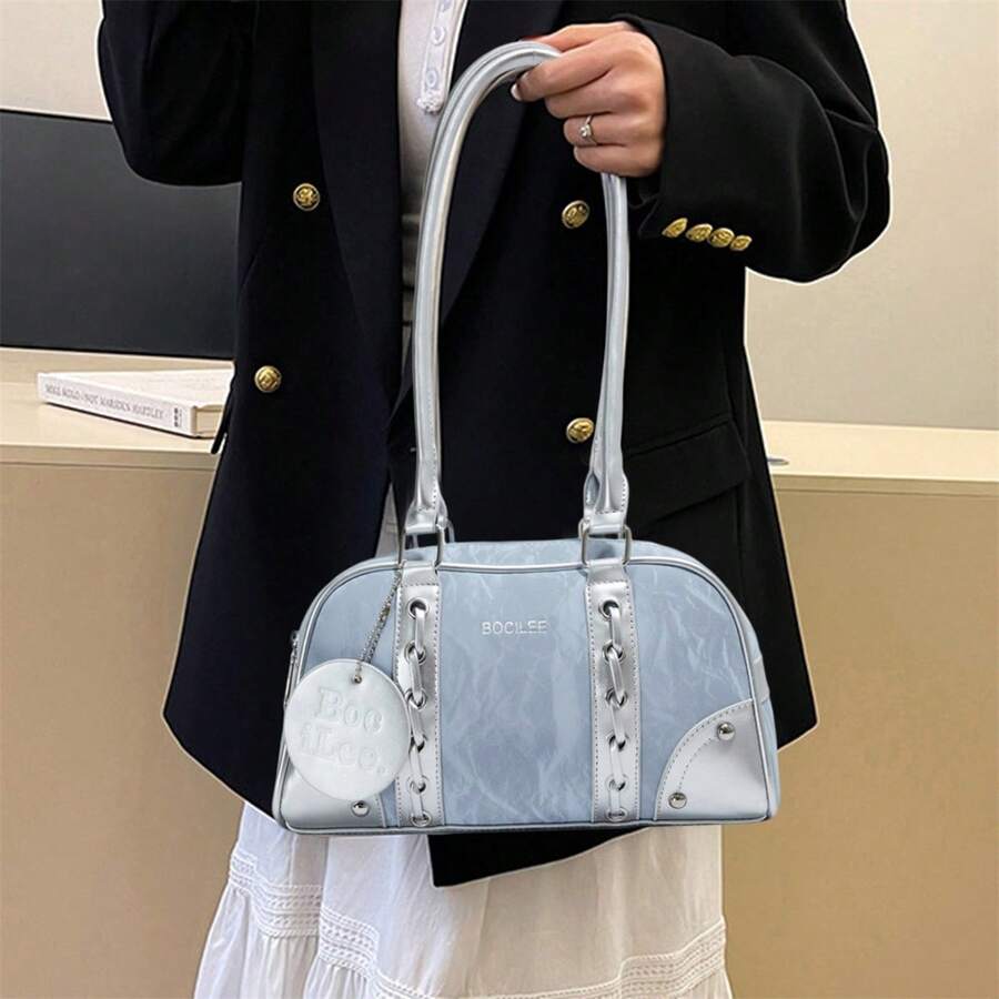 Bolso Boston versátil para mujer, estilo axila, con contraste de colores, informal, de gran capacidad, para el hombro, ideal para el día a día. - Azul - Ver 1