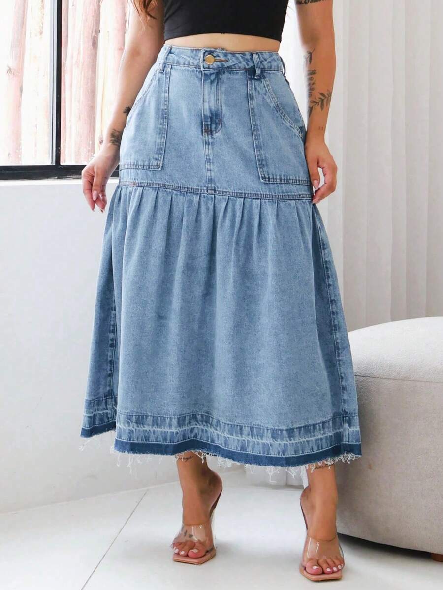 Women's Long Denim Skirt With Pockets - 大理石紋 - 查看 1