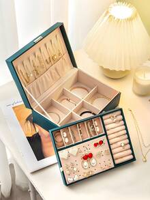 1个带锁首饰盒，现代双层首饰收纳盒 - 大容量PU皮革收纳盒，可存放耳环、项链等 - 可拆卸隔层，可上锁女士旅行首饰盒 - 便携式PU皮革首饰盒，可存放项链、耳环、戒指、手镯等，小巧精致，适合送给青少年、女孩、妈妈和女儿，女士和女孩的专属首饰盒，皮革首饰盒，情人节、圣诞节、新年、生日礼物之选