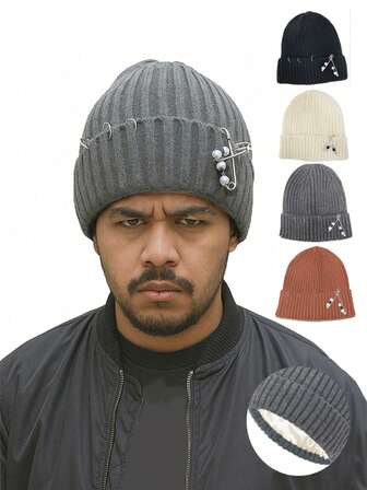 1pc Unisex Thick Knit Beanie Hat With Detachable Metal Pin & Faux Pearl Decor, Punk Style, Y2K Streetwear Fashion Couple Beanies, Autumn/Winter