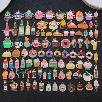 1包时尚珐琅可爱甜甜圈蛋糕咖啡牛奶吊坠镀金仿真食物卡通什锦吊坠，适用于DIY珠宝制作项链耳环手链工艺品配件