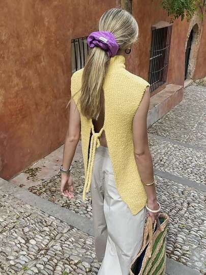 Chic Spring-Summer Sleeveless Knit Top: Yellow High-Neck Backless Top With Tie Detail, Soft & Elegant For Casual And Daily Commute Wear