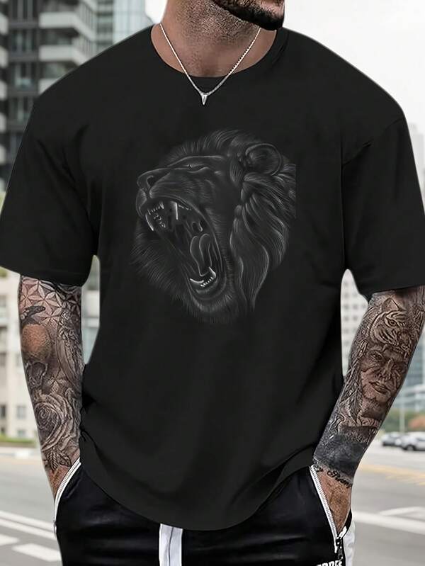 Roaring lion pattern creative pattern T-shirt-good gift for family and friends-27B198-100% cotton four seasons comfortable round neck men's short sleeve