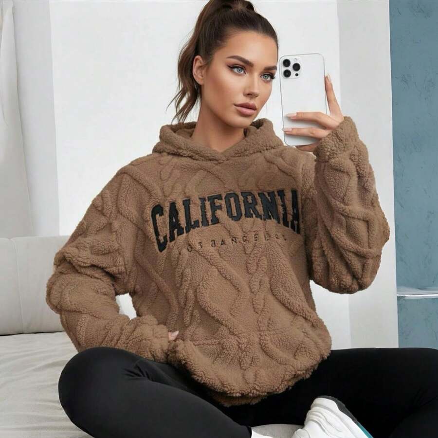Sudadera con gorro bordado de california tela calientita con bolsa frontal suave manga larga suelta sueter con capucha - Camel - Ver 1