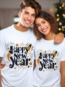 220g Print Round Collar Suitable For Both Men And Women Short-Sleeved T-Shirt, Happy New Year 2025 Print, Suitable For Couples, Families, Parties, Fashion Casual T-Shirt, A Certain Thickness Suitable For Summer Wear T-Shirt, As A Gift - Phụ nữ da trắng - Xem 7