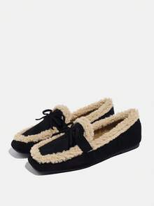 女士时尚平底乐福鞋，2025冬季新款黑色方头蝴蝶结毛绒鞋，保暖套脚平底鞋 - 黑色 - 查看 5