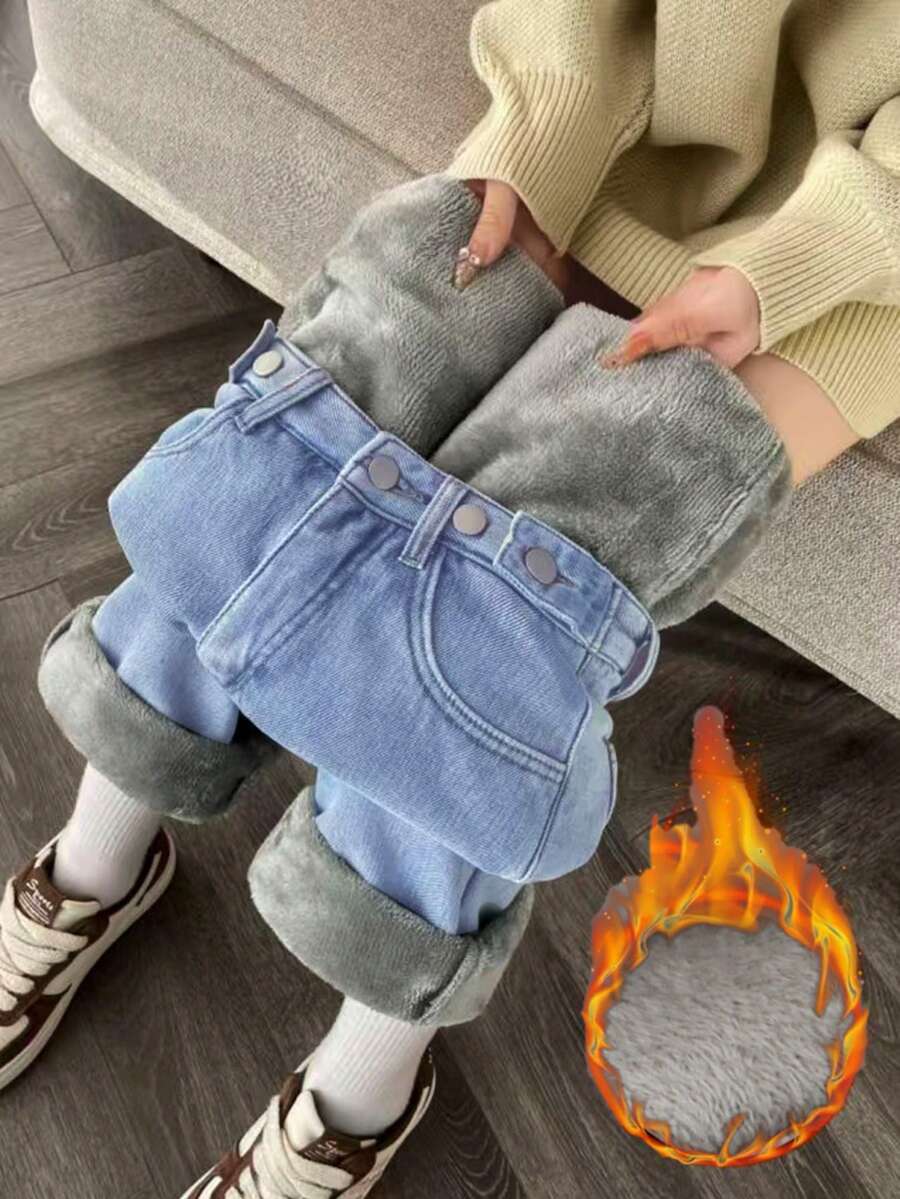 Solid Color Casual Thermal-Lined Denim Jeans With Pockets, Autumn/Winter - Light Wash - View 1