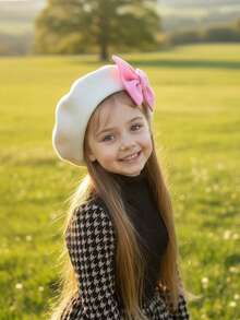 1pc Girls' White Big Bow Beret Hat, Solid Color, All Season, Vintage Style, Children's Warm Decorative Hat For Autumn/Winter - 1PC - View 3