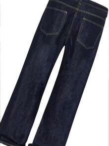 Teenage Boys' Blue Washed Baggy Jeans, Retro Wide Leg Straight Fit, European & American Street Style - Dark Wash - View 5