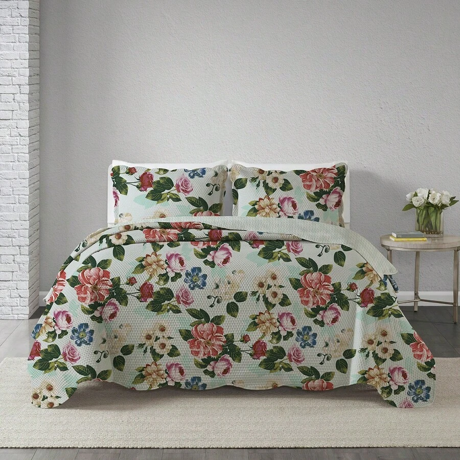 3-Piece Queen Size Bedspread Set, Patchwork Quilt, Ultra Double-Sided - Angel - View 1