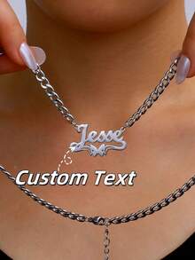 Women's Customized Bamboo Hoop Earrings, Classic Exaggerated Personalized Large Round Earrings Stainless Steel 5mm Thick Cuban Link Chain Necklace, Heart Pendant Couples Jewelry Set, Family Christmas Gift - Double-layer Silver Non-sanded Style 3 - View 3