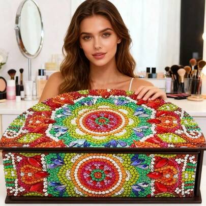 SNA 2026 New Style Creative DIY Diamond Painting Collection Wooden Box Semicircular Mandala Large Capacity Box Jewelry Case Storage Box Diy Crafts Diamond Art Painting
