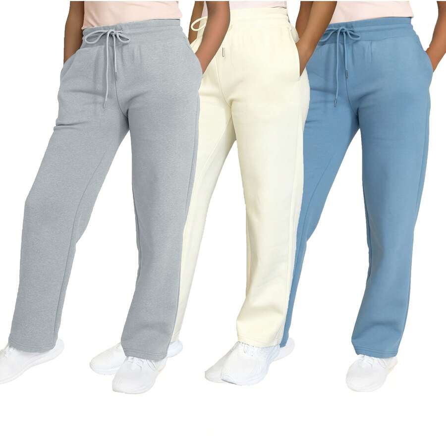 3-Pack Women's Heavyweight Wide Leg Loose-Fit Fleece Sweatpants (S-2XL) - 麻灰色 - 奶油色 - 淺藍色 - 查看 1