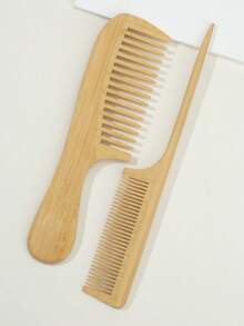 Natural Bamboo And Wood Wide-Tooth Anti-Static Comb 2 Pieces Set, With Pointed Tail Parting Design, Smooth Combing To Reduce Pulling, Essential For Daily Styling - Multicolor - View 2
