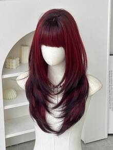 渐变黑红假发，女士款，24英寸长层次直发，带刘海，时尚自然，合成纤维材质，适合音乐节、派对、哥特风角色扮演等场合。 - 紅色 - 查看 3