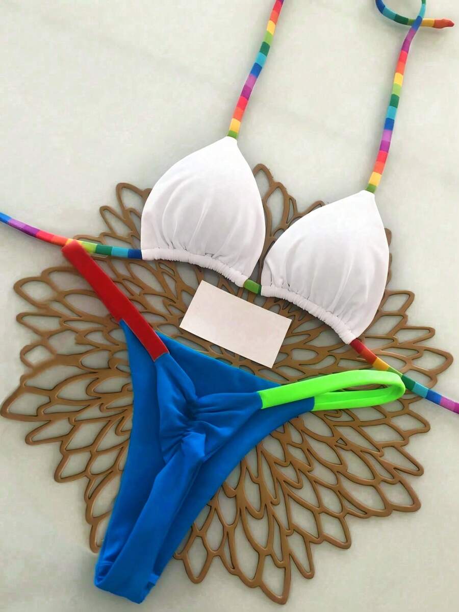 2pcs Geometric & Tropical Floral Print Swimsuit, Casual Cute Elegant Sexy Bohemian Tie-Up Bikini Set, Suitable For Spring/Summer Beach Vacation, Women's Swimwear, Beach Outfit, Women's Bikini, Women's Beach Set - Multicolor - View 1