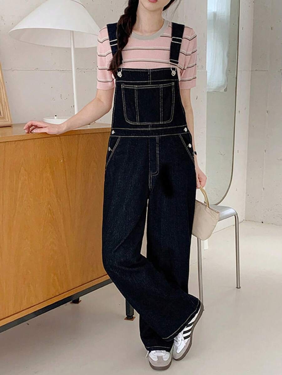 Women's Loose Fit Straight Leg Denim Bib Overalls - Black - View 1