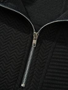 Men's Old Money Men Textured Jacquard Casual Sports Quarter Zip Sweatshirt, Long Sleeve Top - Black - View 4