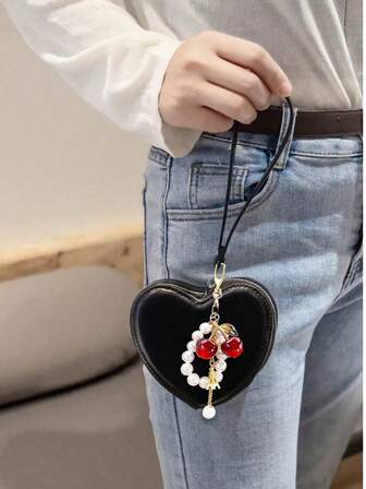 心形钱包，小巧心形钱包腕带，真皮心形零钱包，可爱心形零钱包，心形钱包卡包，带腕带和珍珠樱桃吊坠，方便收纳和快速更换，适合女性和女孩