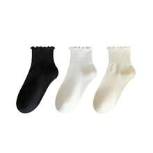 3 pares de calcetines de tubo medio con encaje de unicolor, frescos y lindos para estudiantes mujeres en primavera y otoño