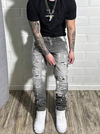 Men's Skinny Ripped Jeans, Stretch Denim Pants, Flared Leg Frayed Hem Jeans, Cotton Fabric Side Pockets, Casual Versatile