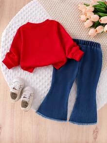 2pcs Baby Girl Fashion Casual Set: Crew Neck Long Sleeve Sweatshirt With 3D Bow Decor And Skinny Flare Leg Jeans Pants With 3D Bow Decor - Red - View 3