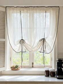 1 Pc Beige Striped Tie Up Curtain For Window Adjustable Balloon Cafe Short Sheer Curtain For Kitchen Light Filtering Half Window Curtain Rod Pocket - Beige - View 3