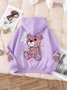 Teen Girl Style, Doodle Style Cartoon Bear Letter Print Pattern, Casual Style, Hooded Sweatshirt, Can Be Worn In Spring And Autumn, Shopping,Suitable For Daily Wear, Graduation, Homecoming, Graduation Ceremony, Teachers, Homecoming, Party, Travel Pullovers, Kids, Teen Girls Clothes, Girls Clothes