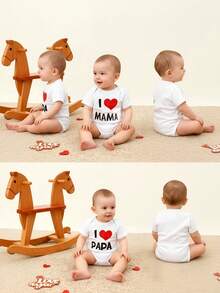 BrownBark 2pcs Baby Boys & Girls Newborn Soft Cotton Cute Short Sleeve Bodysuit With "I Love Daddy & I Love Mommy" Graphic Print, Suitable For Indoor, Outdoor, Mother's Day/Father's Day/Valentine's Day - White - View 5