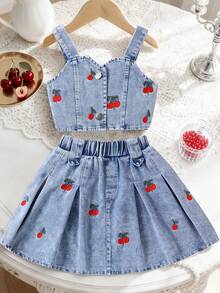 Tween Girl Cherry Pattern Embroidered Camisole And Denim Skirt Set - Blue - View 1