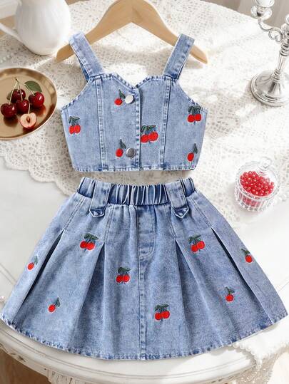 Tween Girl Cherry Pattern Embroidered Camisole And Denim Skirt Set
