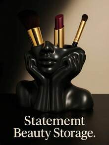 大型抽象女性面部化妆刷收纳架 - 黑/白/金树脂雕塑 | 优雅的梳妆台化妆品收纳架，可放置化妆刷、口红、笔等 | 现代艺术家居装饰 | 生日、圣诞节、情人节、母亲节、乔迁之喜礼物 - 彩色 - 查看 10