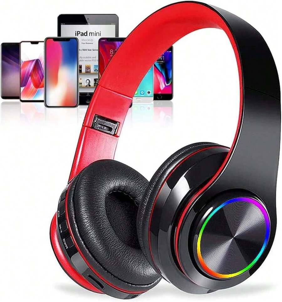 Wireless Gaming Headset With Microphone Bluetooth 5.3, Foldable Over Ear Headphones With Active Noise Canceling & LED Lights, Dual Wired/Wireless Mode For PC Laptop Phone, Deep Bass Sound For Music Sports Game, Portable Design With Long Battery Life - 黑紅色 - 查看 1