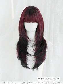 渐变黑红假发，女士款，24英寸长层次直发，带刘海，时尚自然，合成纤维材质，适合音乐节、派对、哥特风角色扮演等场合。 - 紅色 - 查看 4