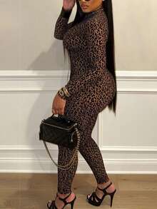 DOUCIU 豹纹长袖休闲修身连体裤 - 卡其色 - 查看 4