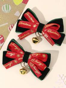 2件組女童聖誕深綠色天鵝絨髮蝴蝶結夾，金色「Merry Christmas」與雪花印花紅緞帶，金色鈴鐺飾品，聖誕派對用 - 彩色 - 查看 3