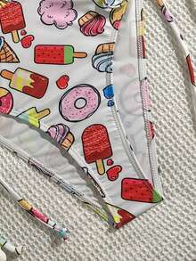 女士高弹力露背吊带连体比基尼，甜美冰淇淋印花系带细节 - 彩色 - 查看 7