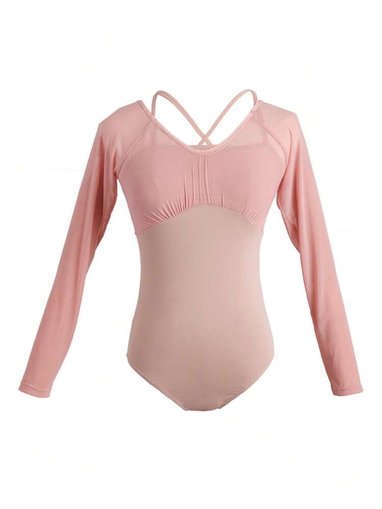 Daydance Maillot de ballet para mujeres Disfraz de danza Manga larga Empalme de malla Ropa de danza de ballet para adultos Maillot de gimnasia (Se recomienda tomar una talla talla grande grande) Rosa - Rosa - Ver 4