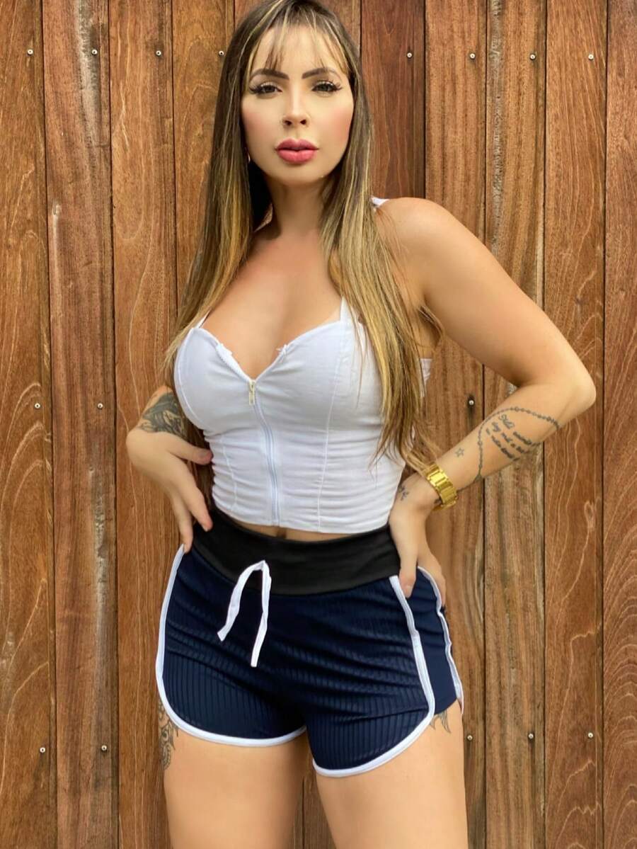 Women's Ribbed Shorts, Loose Fit, Striped, Comfortable, Sporty, Gym - Navy Blue - View 1