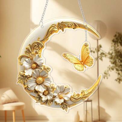 1件浪漫新月花蝴蝶蜂鸟2D亚克力吊坠，春季情人节家居墙面装饰，卧室门厅节日氛围装饰，精美礼品