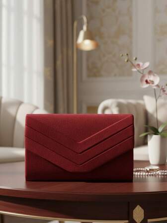 Red Merry Christmas Day Holiday Gift Bags Small Envelope Clutch Bag Color Classic Fashion Handbag Banquet Party Evening Bag Shiny Glitter Metal Chain Cross-Body Bag