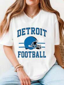 Cotton Casual Comfortable Sports Women's T-Shirt Detroit Football Helmet Design Print Suitable As A Gift 220g - 白色 - 查看 1