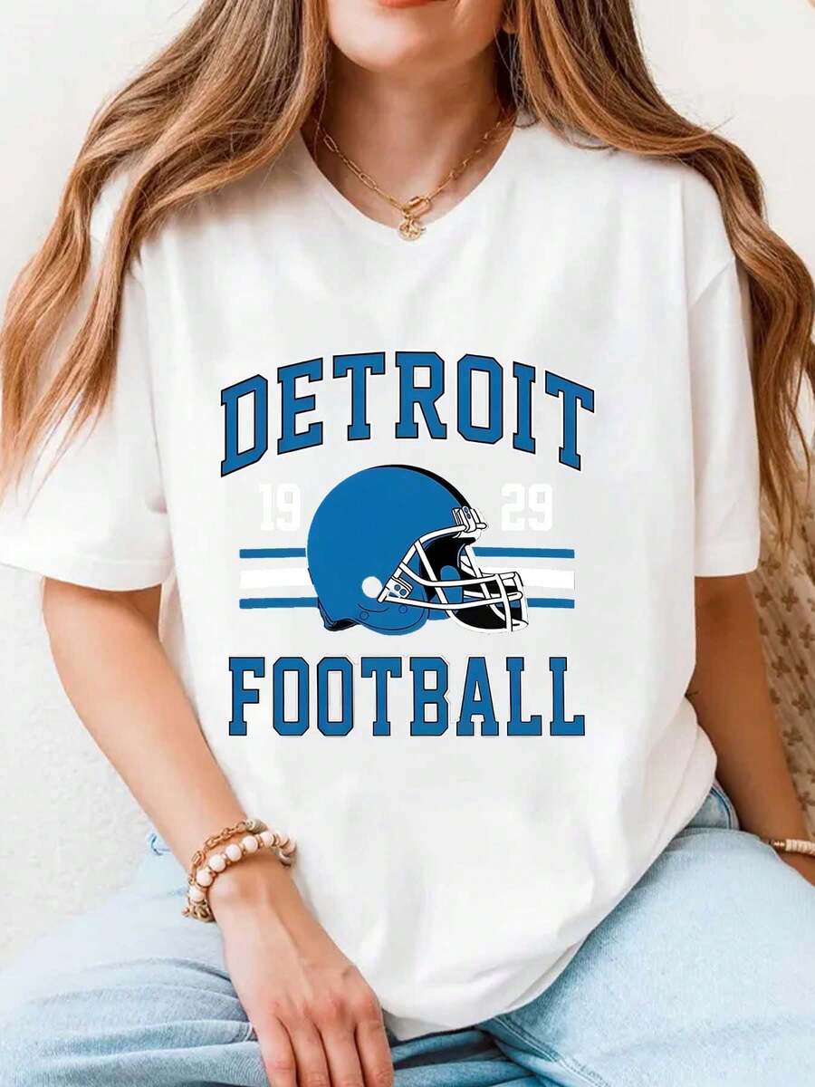 Cotton Casual Comfortable Sports Women's T-Shirt Detroit Football Helmet Design Print Suitable As A Gift 220g - 白色 - 查看 1
