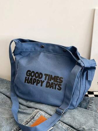 Bolso bandolera de lona azul claro, bolso hobo con estampado de letras "BUENOS TIEMPOS DÍAS FELICES" con correa ajustable, bolso de hombro espacioso y casual para uso diario y de viaje, estilo perezoso, uso escolar de estudiantes, estilo hobo, compras, bolso bandolera.