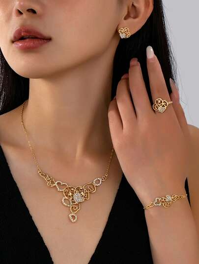 Set de 5 bijuterii minimaliste în stil vintage, cu inimă multiplă, inclusiv colier, inel, cercei, brățară, potrivit pentru purtarea zilnică, petrecere sau cadou pentru femei