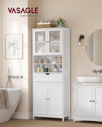Storage Cabinet, Freestanding Bathroom Storage Unit With Adjustable Shelves, Drawer, Open Compartments, For Bathroom, Living Room, Kitchen, Cloud White BBC768W01