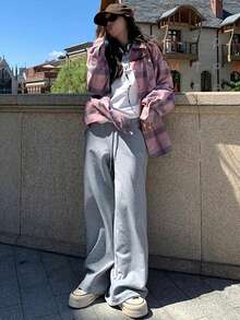 Women's Casual Plaid Long-Sleeve Shirt, Drop Shoulder Design, Button-Up Style, Non-Stretch Fabric, Suitable For Spring And Autumn - Red - View 7