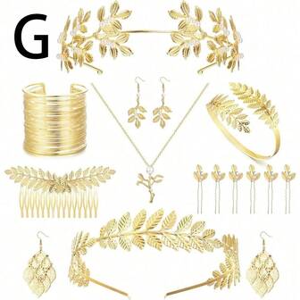 Conjunto de 4-16 piezas de cuentas con estilo de diosa griega retro, conjunto de brazaletes bohemios minimalistas punk griegos ajustables para el brazo superior. El conjunto incluye una diadema de corona de laurel dorada para mujer, un brazalete de espiral para el brazo superior, pendientes con colgante de hoja de perla, aretes de perla falsa, un collar y un conjunto de novia para boda.