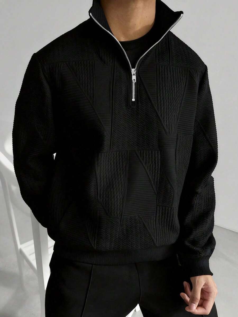 Men's Old Money Men Textured Jacquard Casual Sports Quarter Zip Sweatshirt, Long Sleeve Top - Black - View 1