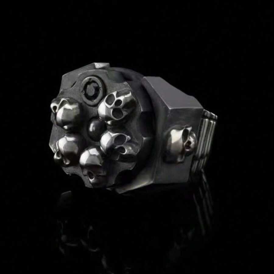 Dark Style Multi-Skull Mechanical Ring - Niche Design Sense Heavy Metal  Men's Ring, Personality Punk Style Domineering Hand Accessory - Silver - View 1